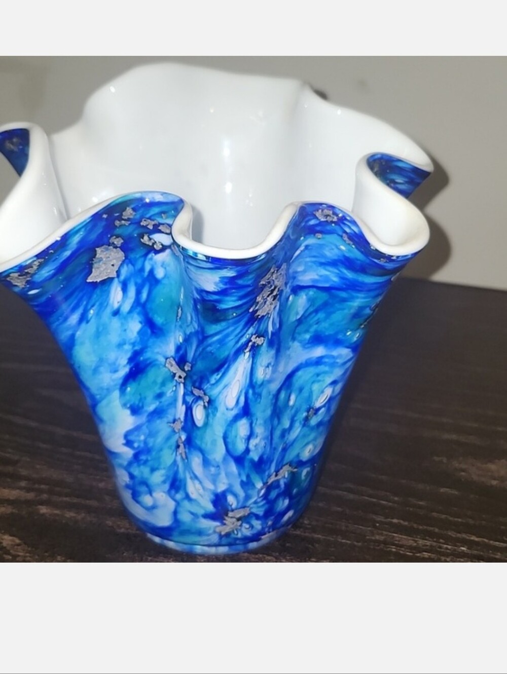 Alicja Hand-Blown Blue Art Glass Ruffled Vase White Interior Ruffle Poland